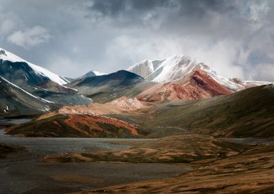 Colored moutains covered by snow, Kyzylart Pass, Tajikistan